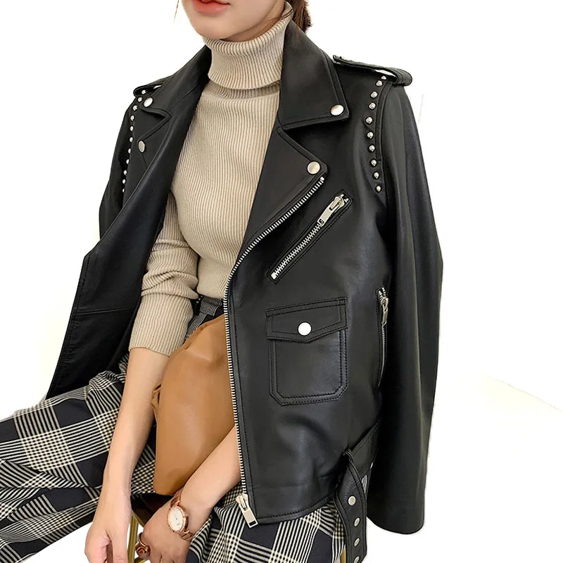 

Black Punk Rivet Zipper Leather Jacket Women Faux Pu Motorcycle Epaulet Biker Jacket Outwear