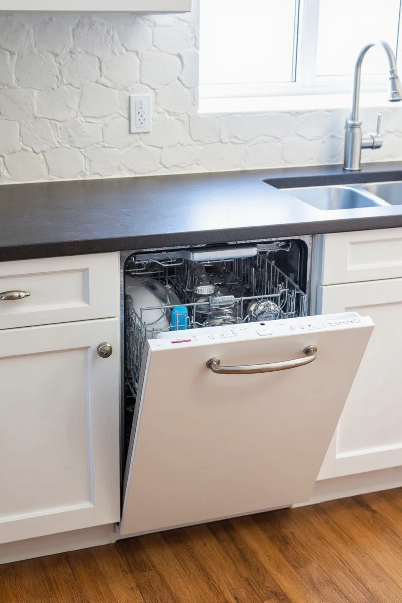 Happy family enjoying a tidy kitchen with two dishwashers