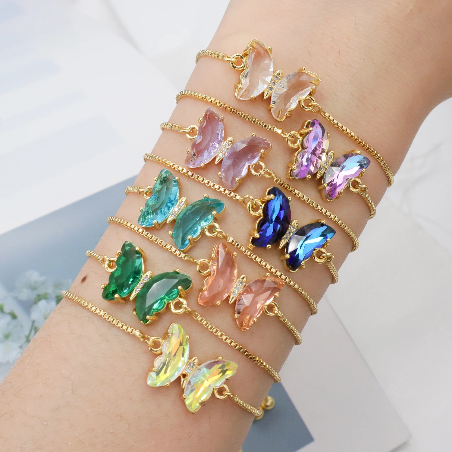 

2021 hot sell glass crystal pink red blue charm butterfly bracelet, Gold