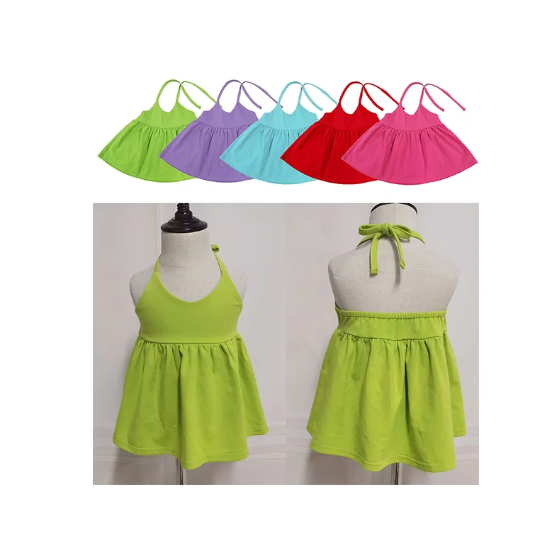 

Summer Fashion Cotton Quality Ruffled Kids Candy Solid Color Halter Tunic Tops for Girls