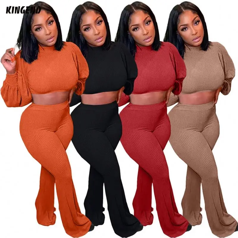 

2021 New Arrival Female Puff Sleeve Outfits Knitted Flare Pants Fall Women Two Piece Set, Picture shown