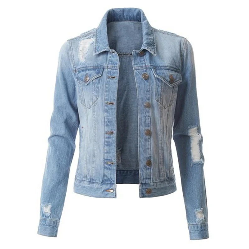 

Wholesale sales of women's denim jackets fashion holes washed denim jackets, Black/dark blue/light blue