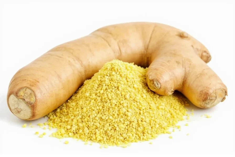 Comparison of ground ginger and fresh ginger root on wooden cutting board