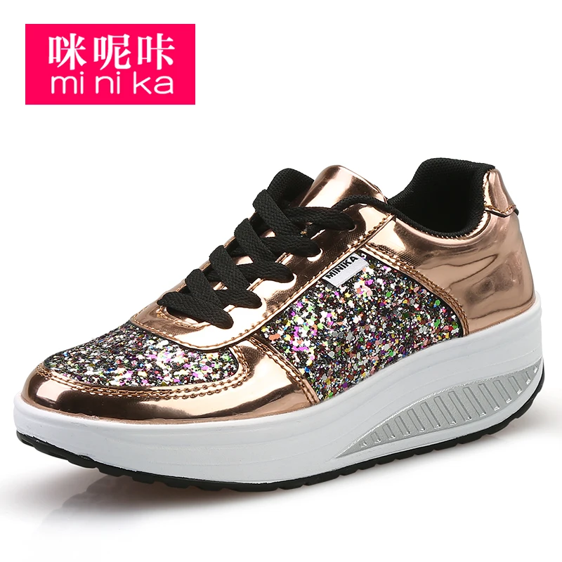 

Minika Big Size Women Cotton Fabric Height Increasing Shoes PU Shinning Ornaments Slim Up Casual Shoes Sneakers, Golden, white, silver