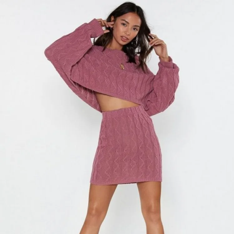 

2020 women cable knit sweater 2 Piece set plus size loose fit women leisure crop knit sweater and skirt sets, As your requirement