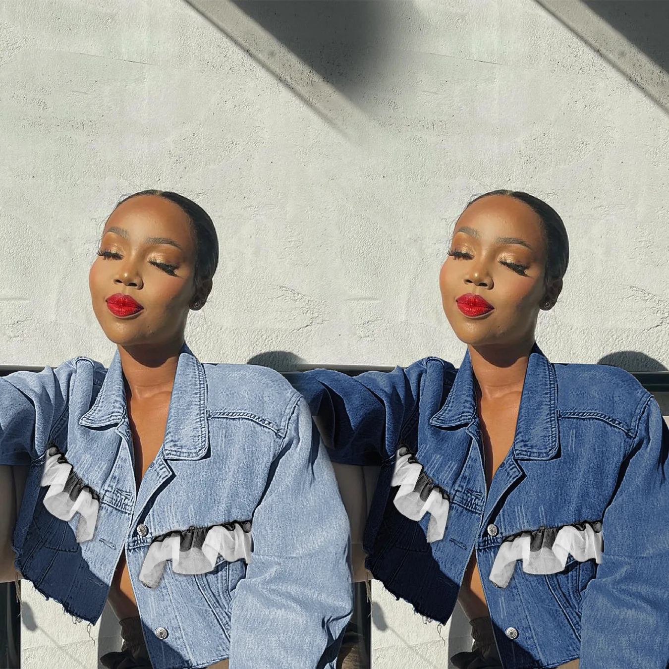 

Denim Jacket Vintage Lace Ruffle Button Down Lapel Collar Coat Fall Winter jeans jacket for women, Customized color