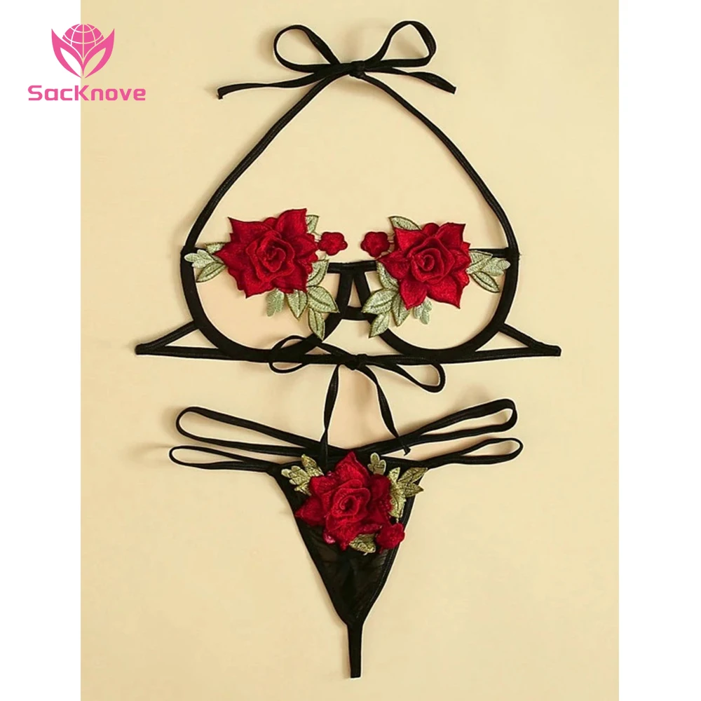 

SacKnove S189 Bulk Women Stripper Clothes Exotic Thongs Set Corset Rose Flower Seductive Mature Ladies Sexy Underwear Lingerie, Black/red