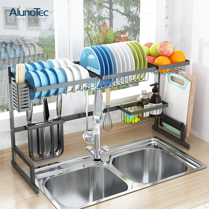 

95cm Kitchen Black Drying Organizer Holder Stainless Steel Racks Basket Over Sink Dish Storage Rack