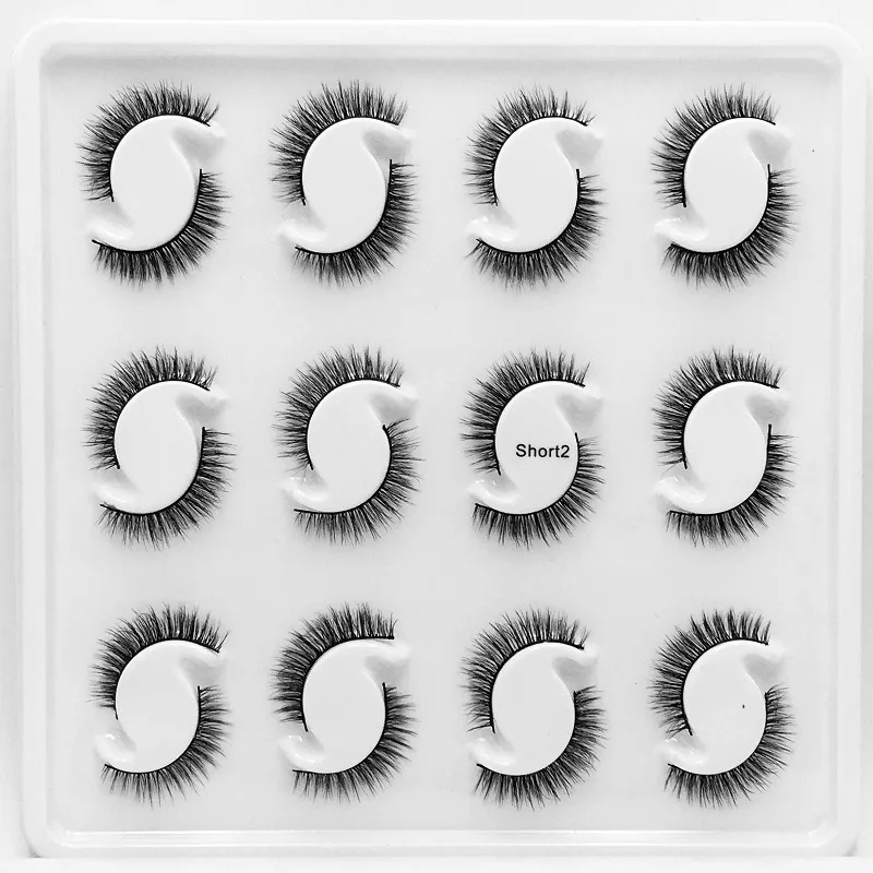 

12 Pairs 3D 5-10MM Mix Short Nature Private Label Synthetic Hair Silk Eyelashes Set Full Strip Lashes, Natural black