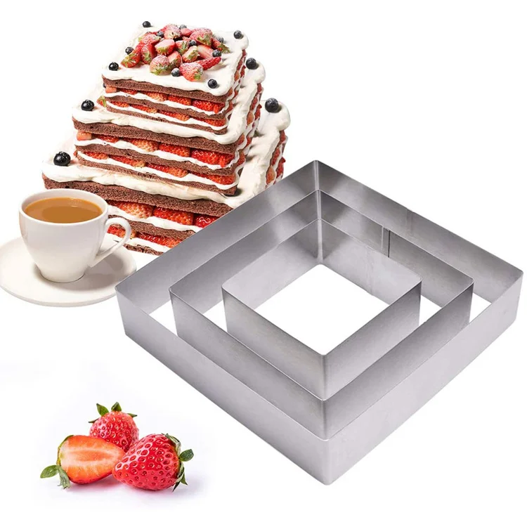 

3pcs Stainless Steel Cake Mold Round Cake Ring Mousse Brownie Mould Heart Cake Decorating Mold Square Dessert Baking Tools