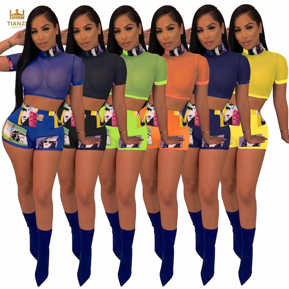 

women sexy print shorts and mesh crop top two piece set 6 Colors