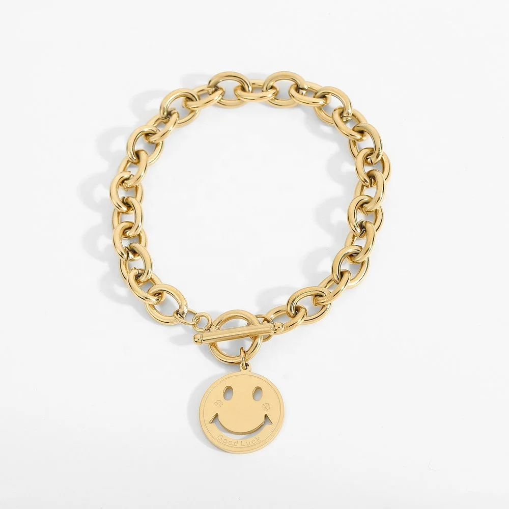 

OT Buckle Link Chain Bracelets 14k gold plated Stainless Steel Smiling Face Bracelet for Women