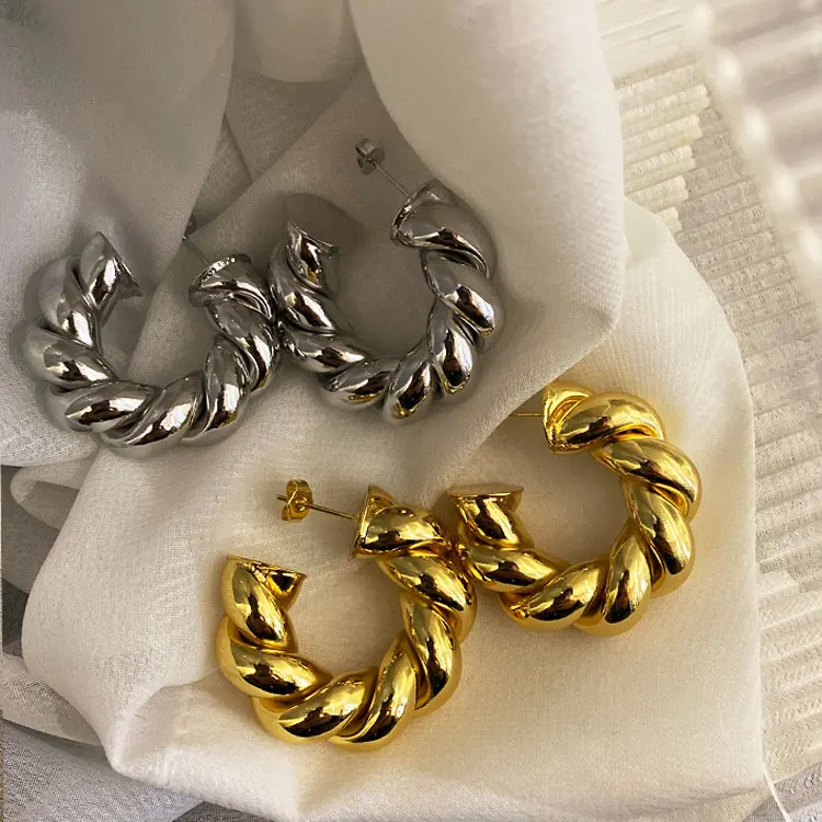 

Medieval Retro 18K Real Gold Plated C Shaped Twisted Earrings Women Exaggerated 1cm Thick Chunky Half Round Twist Hoop Earrings