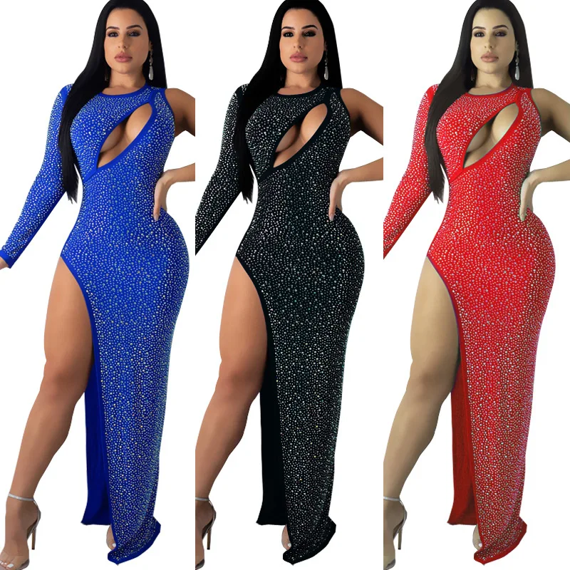 

M5317 - ladies solid rhinestone slit bodycon long maxi dress