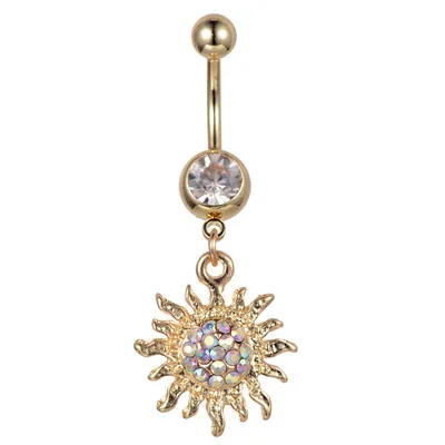 

Body Piercing Women Floral Flower Pendant Navel Button Ring Full Crystal Sunflower Bell Button Ring