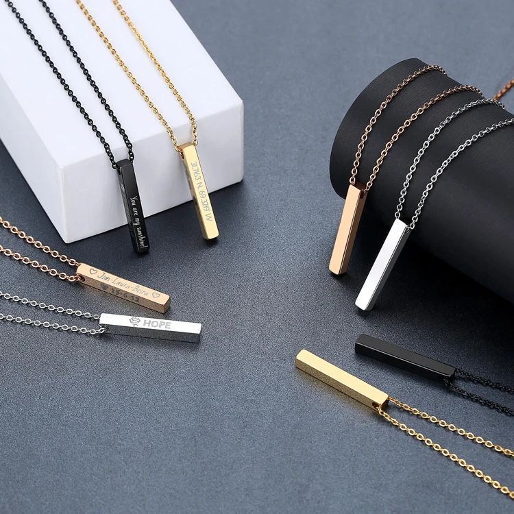 

Customized Engraved Logo personalized rectangle Necklace Stainless Steel Gold Plated Blank vertical Horizontal 3D Bar Necklace, Black, gold, rose gold, silver