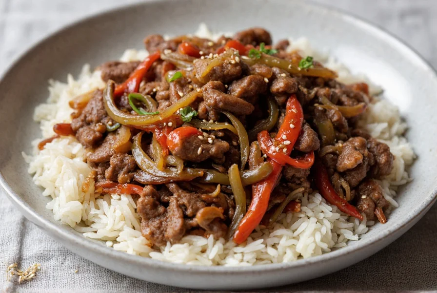 Finished Chinese pepper steak with onions served over steamed jasmine rice with sesame seeds