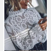 

Vintage Elegant Lace Blouse Women's Lantern Sleeve Hollow Out Stand Collar Tops Elegant Womens Blouses Womens Tops