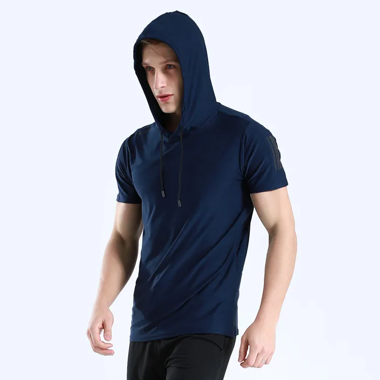 

Hooded Short Sleeve Quick Drying Breathable Fitness Clothes T-shirt Men's Running Training Sports Leisure Wholesale, Customized color