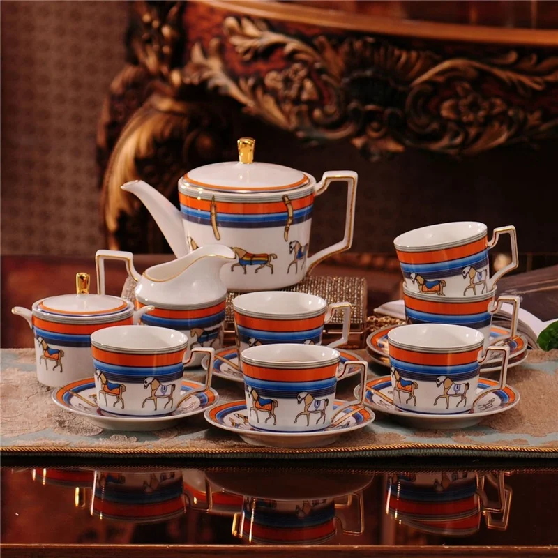 

New 17 Pcs Luxury Nordic Art Horse Gilding Ceramic Coffee Tea Sets, Green