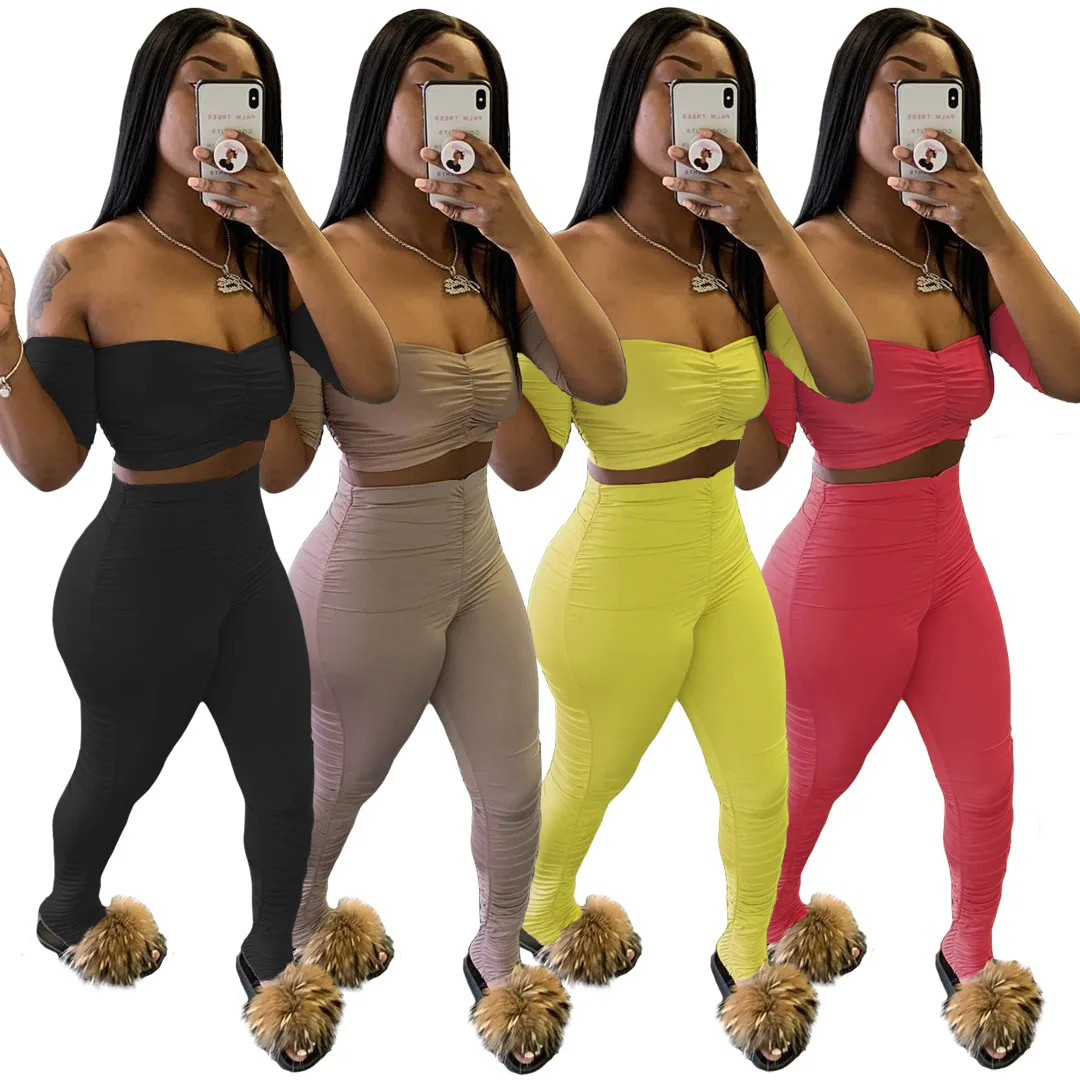 

2020 New Fashion Women Wrap Chest and Pants 2 Pieces Sets Stacked Pants 2 Pieces Set Tracksuit