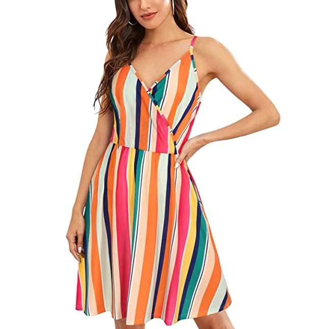 

Women's Summer Dress Floral Spaghetti Strap Sleeveless V-Neck Casual Swing Sundress with Pockets
