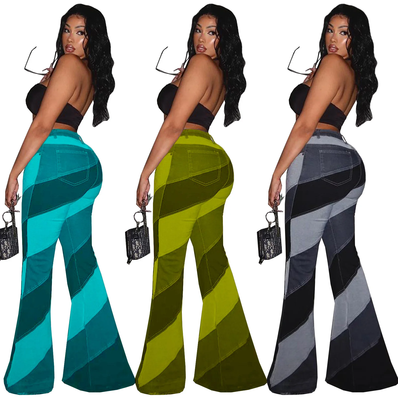 

2021 Hot Selling Fashion Print Striped Flare Trousers For Ladies S-3xl Patchwork Single Button Flare Pants, Picture color