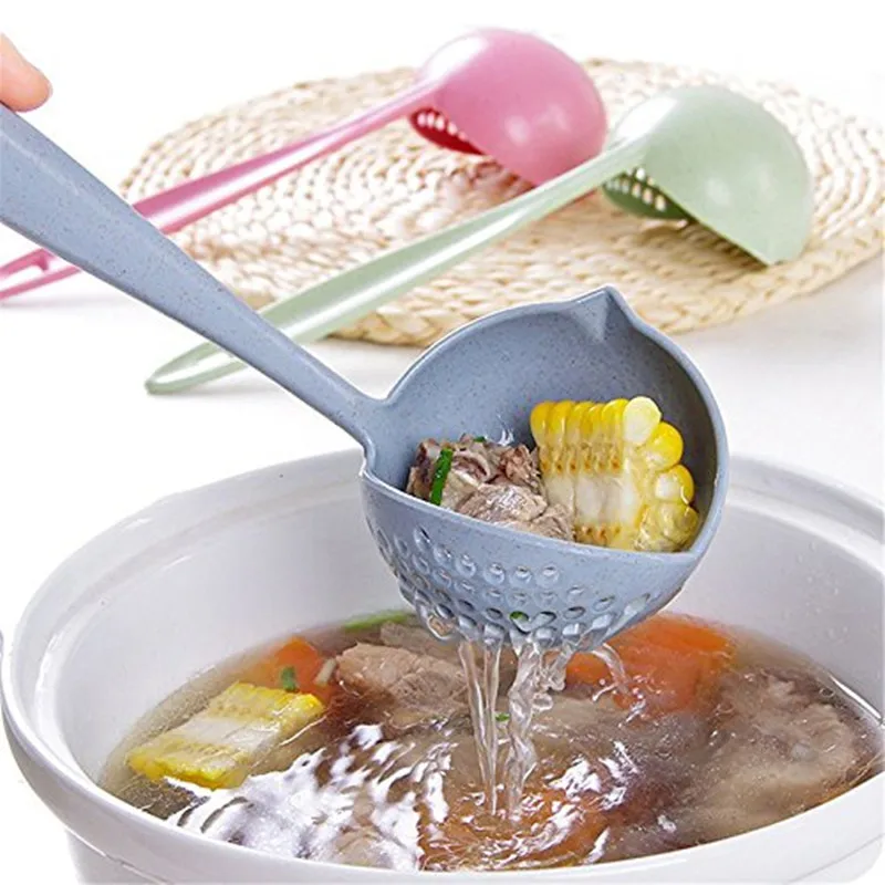 

2 in 1 Long Handle Soup Spoon Home Strainer Cooking Colander Kitchen Scoop Plastic Ladle Tableware Kitchen Gadgets Free Shipping, Natural