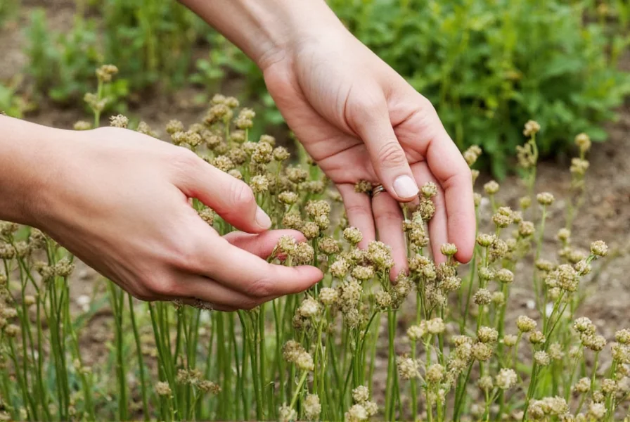 Gardener hand-harvesting mature cumin seed pods in a home garden