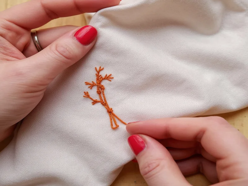 Hand demonstrating basic embroidery stitch on fabric swatch
