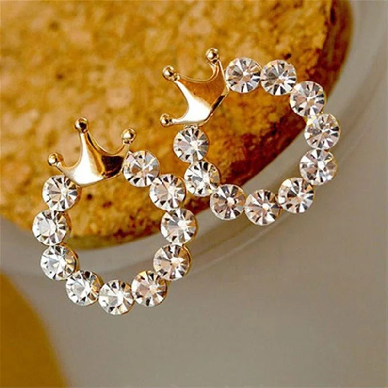 

Wholesale Fashionable Hoop Diamond Earring Smooth Round Crown Stud Earrings, Gold