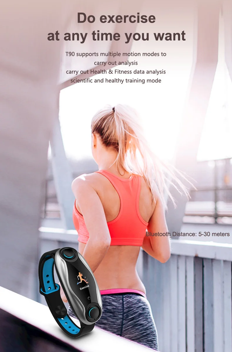 T90 Waterproof BT Headset Earbud Smart Bracelet Sports Watch App Remote Photograph Hand Band - ANKUX.COM