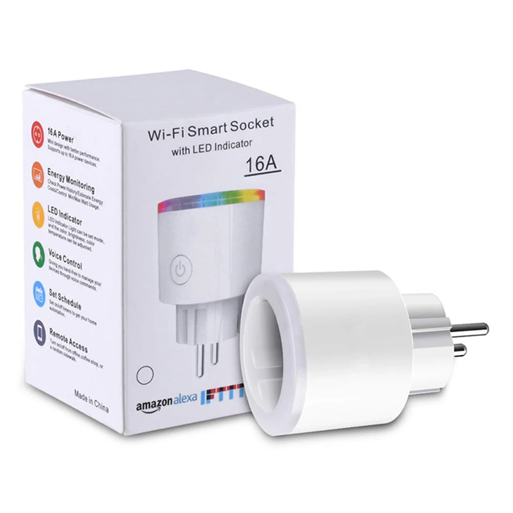 
Amazon alexa best selling smart plug wifi eu 16A 220V plug wifi standard mini outlet RGB led light wifi plug for home 