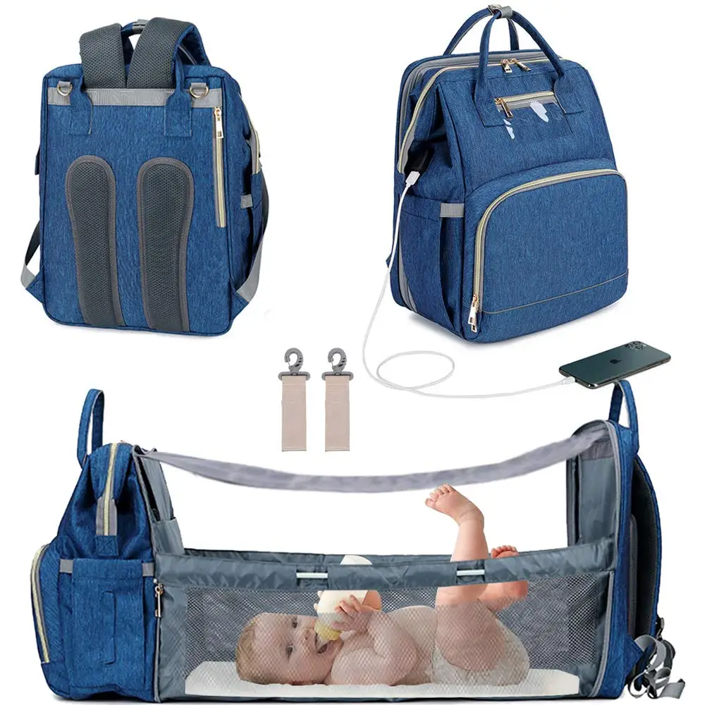 

3 in 1 Travel Bassinet Foldable Baby Bed Diaper Bag Backpack Portable Baby Bag With USB Charging Port, Grey,black