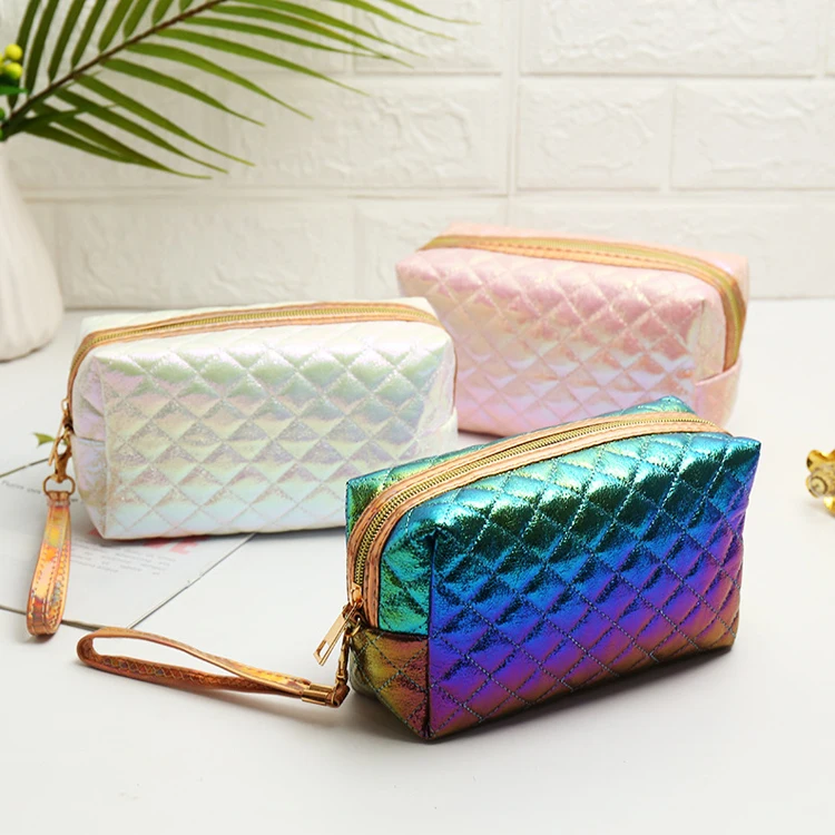 

Wholesale Zipper laser Luminous Makeup Bag Holographic Geometric Gold Glitter Cosmetic Pouch