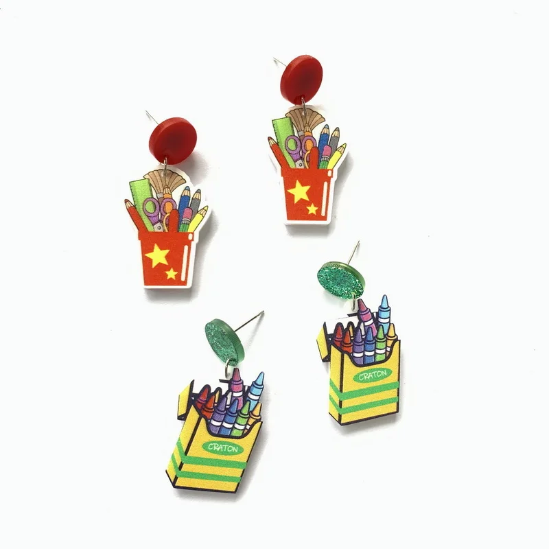 

Cute Little Box Of Crayons Red Stationery Barrel Acrylic Stud Earrings For Women