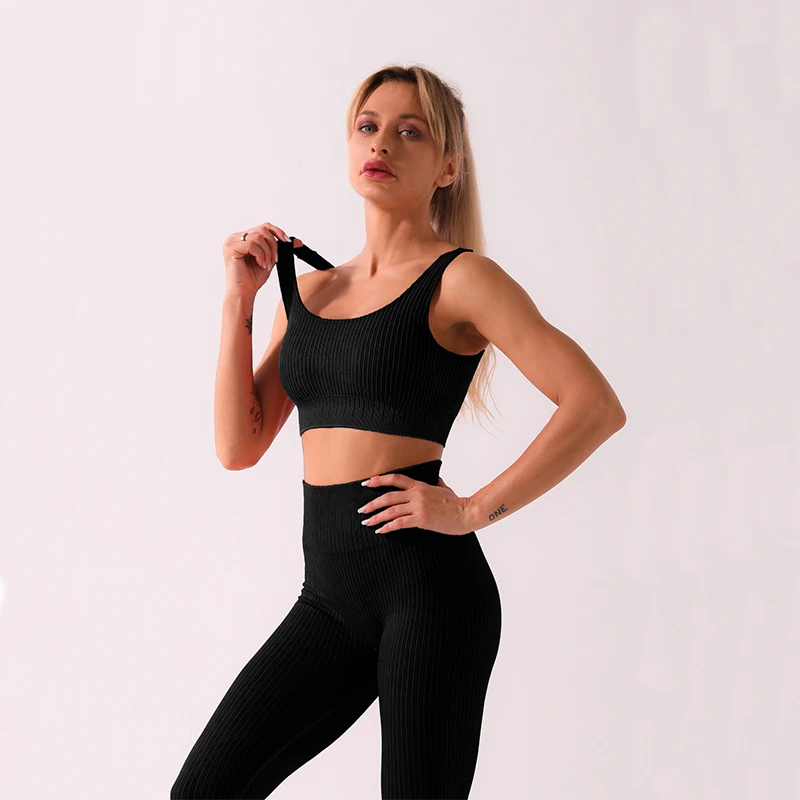 

New High Waist Women Yoga Suit Seamless Bra And Pants Set Fitness 2PCS Gym Sport Wear Workout Clothing, As pictures