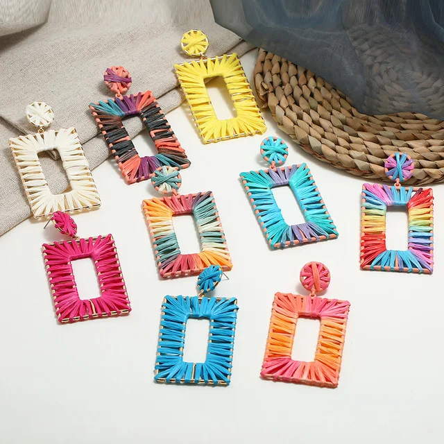 

Wholesale colorful square raffia handmade earrings jewelry for women, Picture