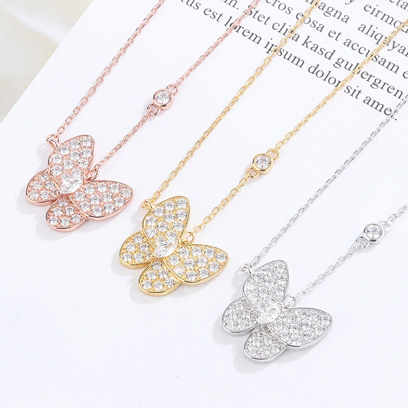 

Korean Full Diamond Pendant Choker 18K Gold 925 Silver Butterfly Necklace, Silver/rose gold/18k gold