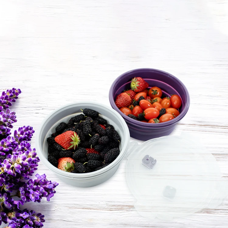 

500ml Foldable Silicone Round Eco-friendly Snack Box Silicone Food Storage Bowl Collapsible Silicone Snack Box For Kids