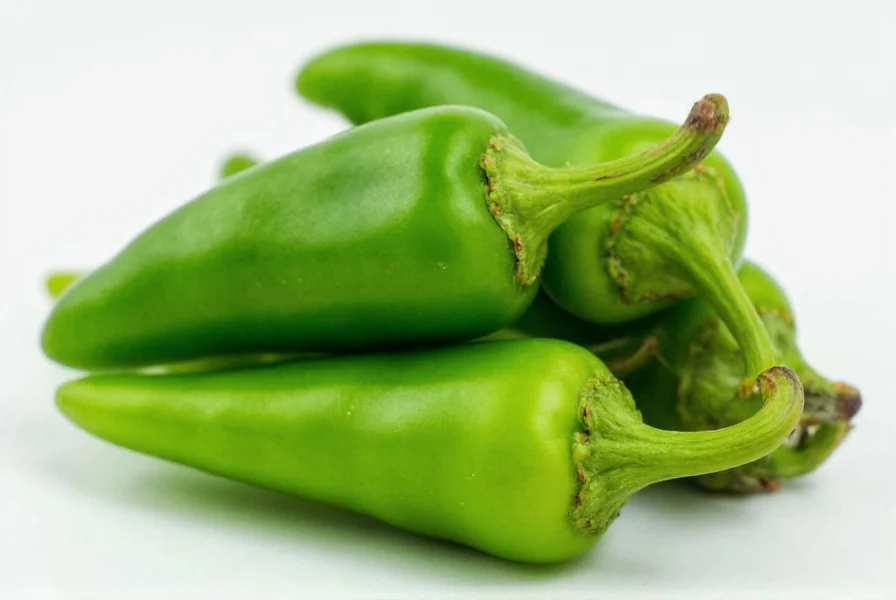 Close-up of fresh green cayenne peppers on plant showing slender shape and vibrant green color