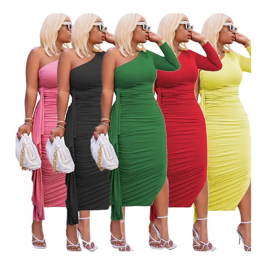 

Foma QY5082 elegant sexy ladies one shoulder bodycon dresses S-3XL women pleats midi dress, 5 colors