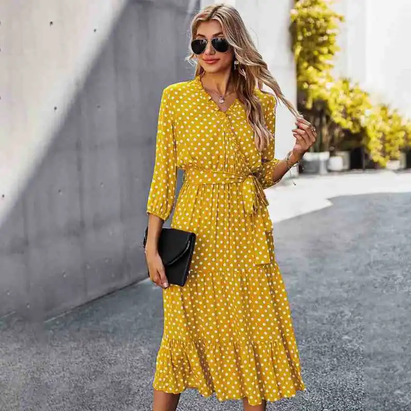 

2021 New Arrival Women summer o-neck Floral Print long sleeve casual dresses women ladies dresses