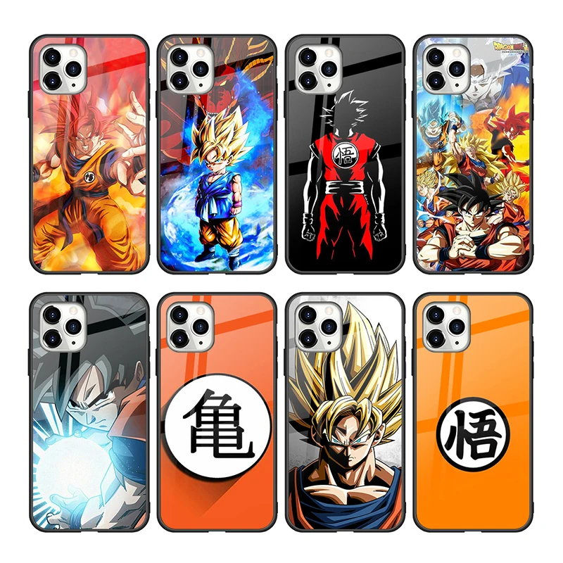 

Custom LOGO Print Glossy Hard Tempered Glass Phone Case for iPhone 11 12 , Case for Samsung Galaxy S21 Goku Anime, Black