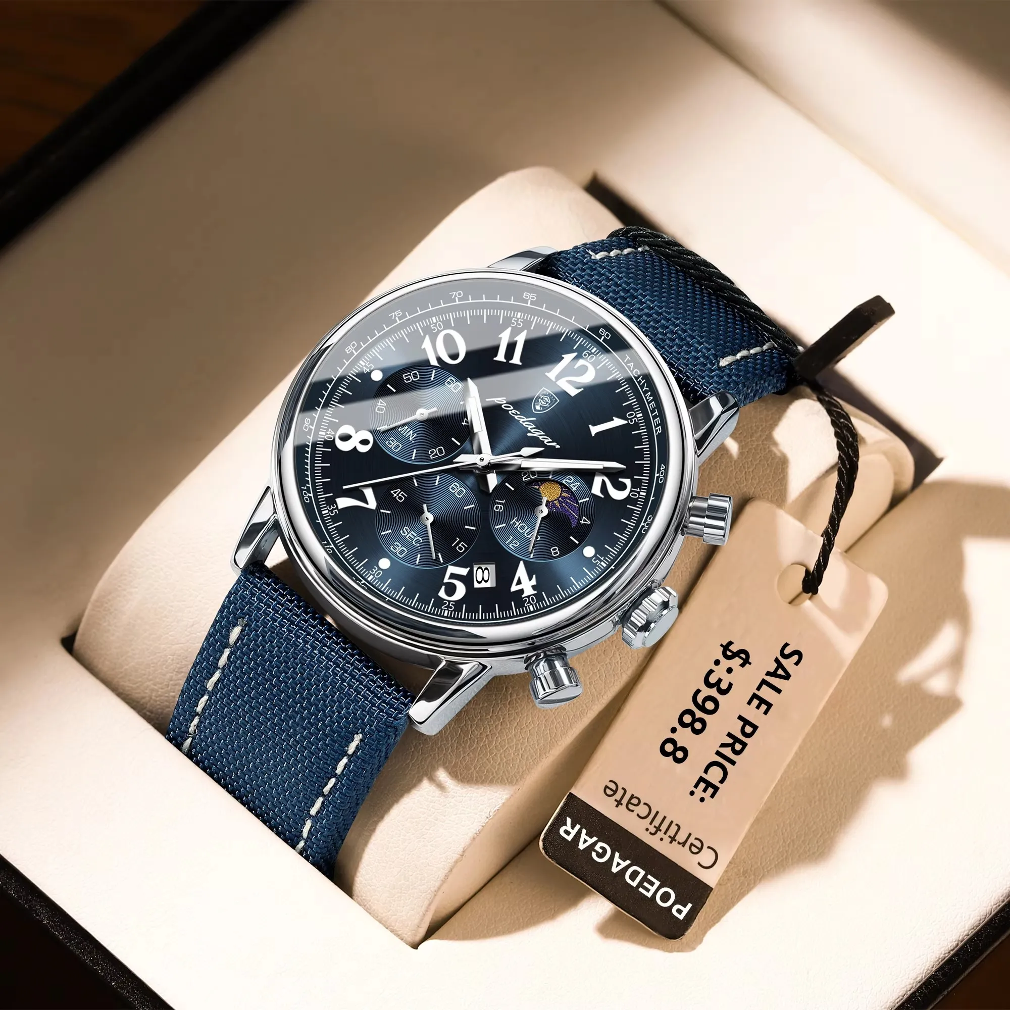 POEDAGAR Quartz Watches Man 808 Silver Blue Waterproof Chronograph Luxury Watch for Men Luminous Hand Nylon Sports Wrist Watch