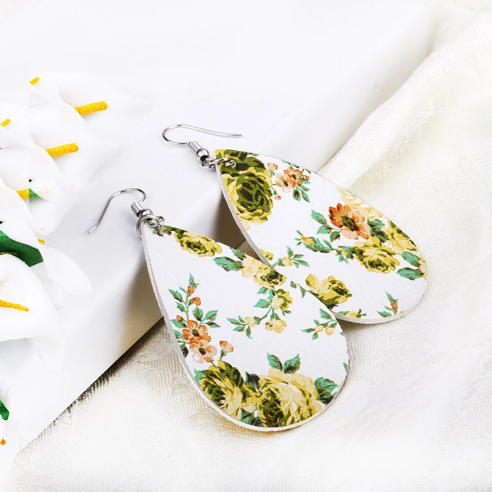 

Fashion flower printed faux leather earrings handmade teardrop earrings for women and girls party jewelry wholesale