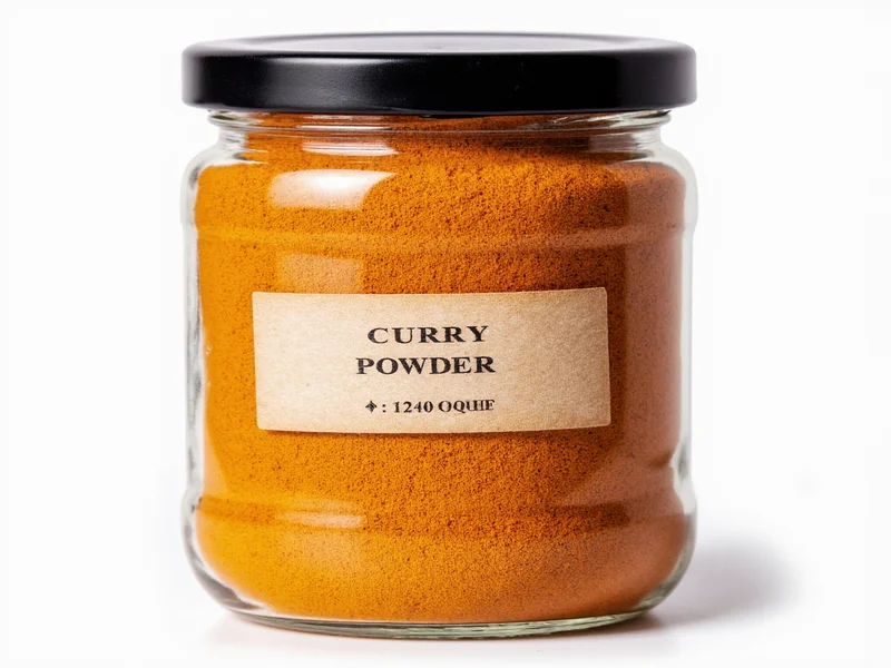 Homemade curry powder in amber glass jar with date label