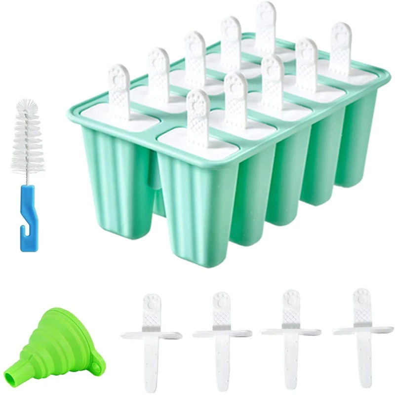 

Popsicle Molds 10 Pieces Silicone Ice Pop Molds with Silicone Funnel Cleaning Brush Easy Release Ice Pop Maker, Green/blue/pink