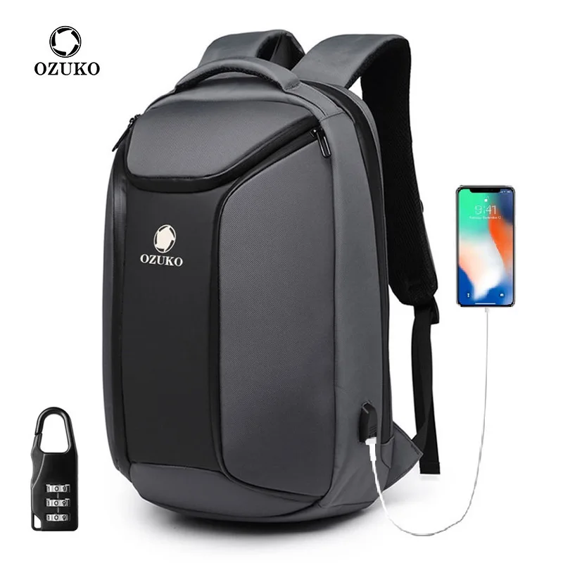 

Ozuko 9318 Luxury Youth Backpacks Men Camera Waterproof Laptop Bag 15 custom logo Smart Bagpack School Bag Man, Black/grey/blue tactical backpack