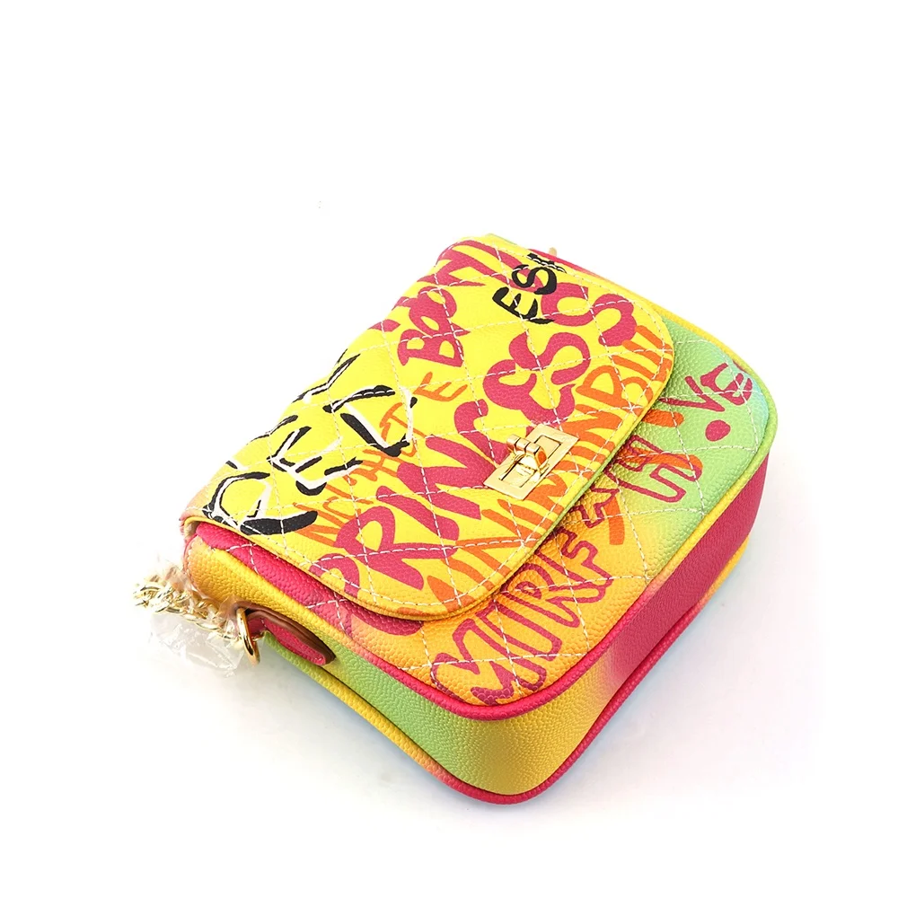 

Hot sell Fashion novelty mini print lattice chains handbag single shoulder messager bag graffiti purses, Rainbow pink or other graffiti